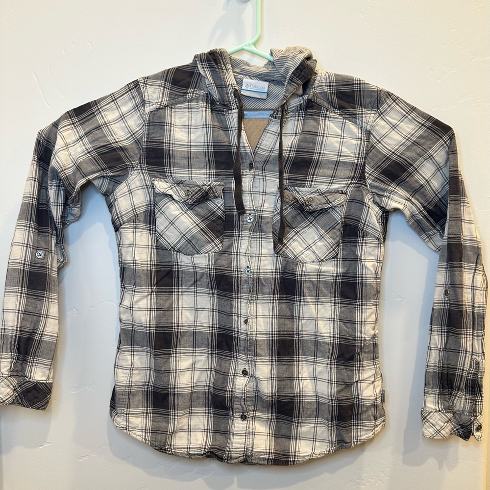 Columbia Women’s Plaid Long-Sleeve Button Up Hoodie Size Small
